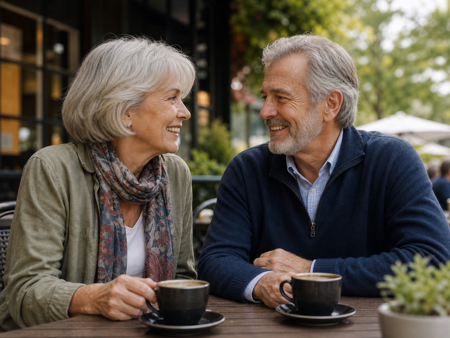 A mature couple talking over coffee